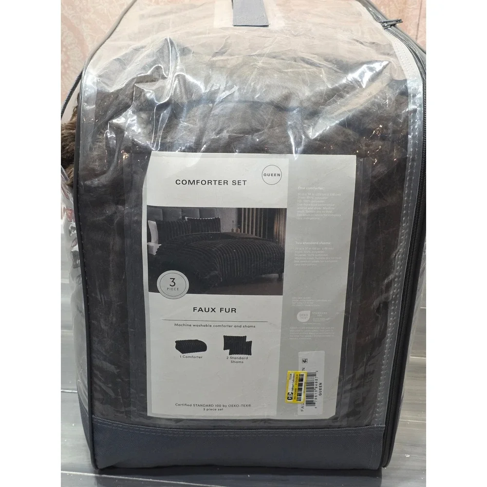 Hallmart Collectibles Queen Faux Fur Comforter Set 3 Piece Dark Brown Ribbed NEW